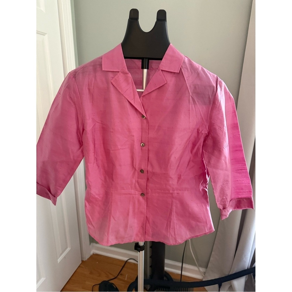 Tahari 100% Silk Pink Button Front Blouse Top Shirt Women's Size 12 workwear